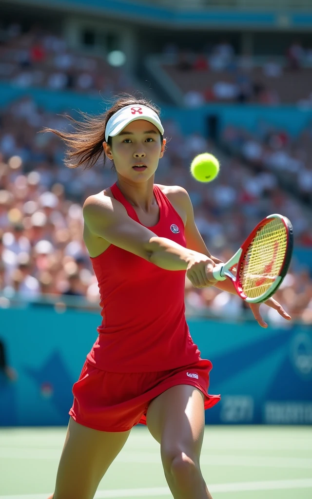 Ultra-high resolution,High-resolution details,Olympic women's tennis,Red outfit,full-body shot,Panoramic vistas,Wide-angle lens,20-year-old Korean girl,cute,Fair skin,The facial features are delicate,Beautiful sexy face,Swing the tennis racket with all your might,Catch the ball,spike,Large range of motion,exaggerate,Stimulate,The picture is super beautiful,Olympic Games background,Full audience,The atmosphere was enthusiastic and high