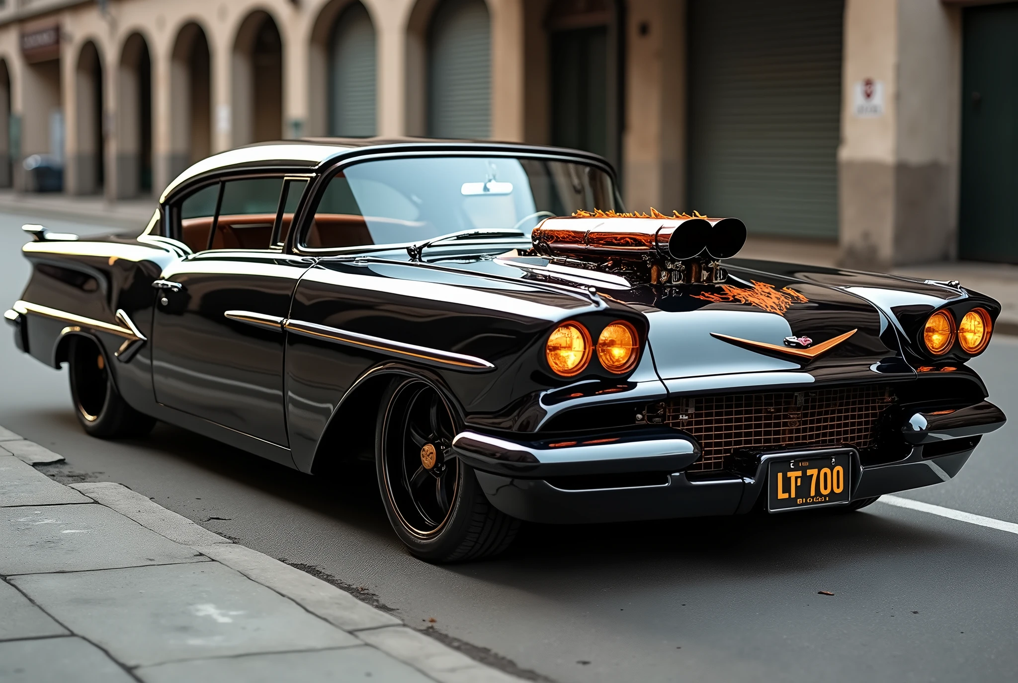 1959 Chevrolet Bel Air, star wheel, WIDE WHEEL, metallic black color, ILLUMINATED HEADLIGHTS, dark windows, details in gold, gold trim, sunroof, SIDE EXHAUSTS, FIRE DESIGN ON THE FRONT HOOD.