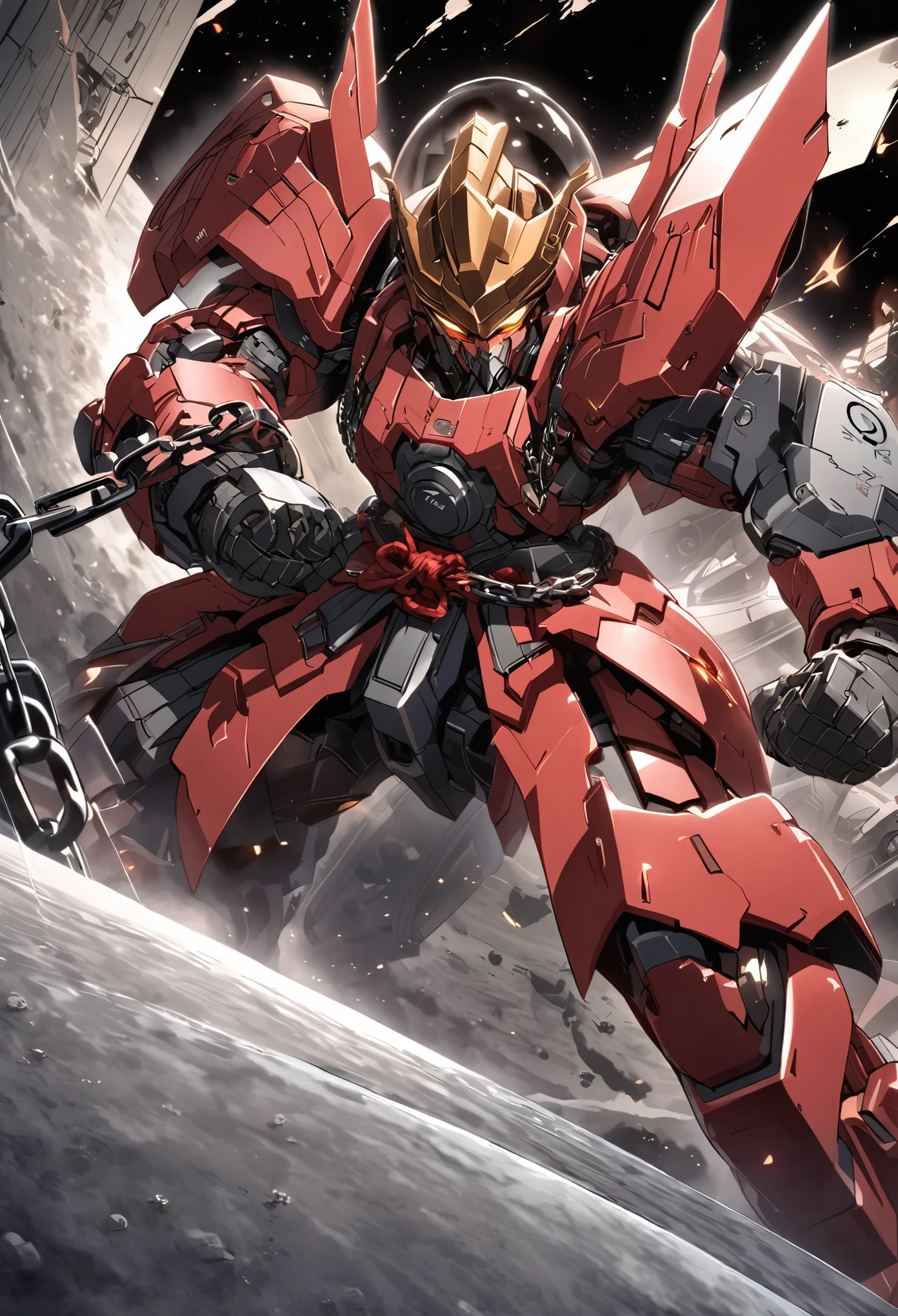 A giant robot (samurai theming, head has helmet styling and a large bubble dome cockpit), lunar surface, stars in back ground, action pose, shooting a rocket fist at viewer connected to mech via chain