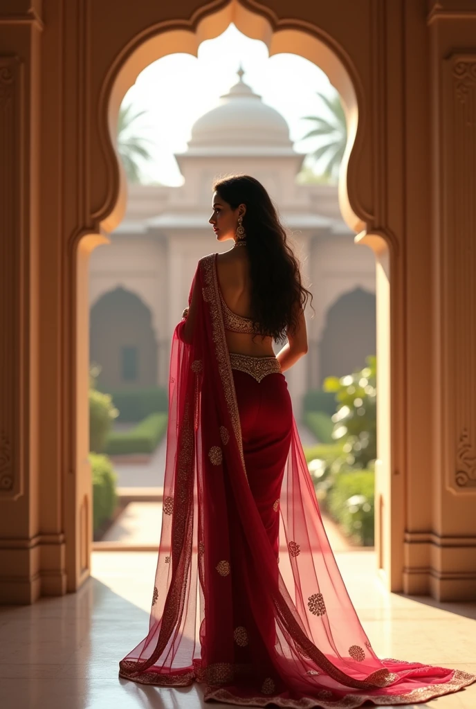 A stunning young woman in a maroon transparent saree with gold embellishments, standing in an arched doorway of a traditional Indian building. The saree is draped elegantly, revealing her back, with the pallu flowing gracefully. She is adorned with traditional Indian jewelry, including a maang tikka and gold earrings, with her long, wavy hair styled beautifully. The background shows a serene courtyard with soft lighting, adding a warm and inviting atmosphere to the scene.