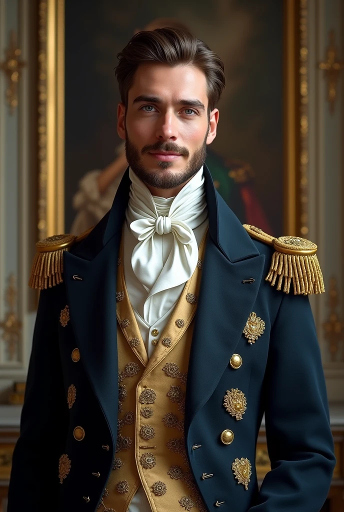 30 year old handsome prince of Monaco, sexy, manly, vigorous Victorian era. With eyes as blue as the sky, big and beautiful eyelashes and skin as white as milk with a perfect face with a kind smile and extremely neat affection and wearing his suit with detailed insignia according to the year 1847 Victorian era.