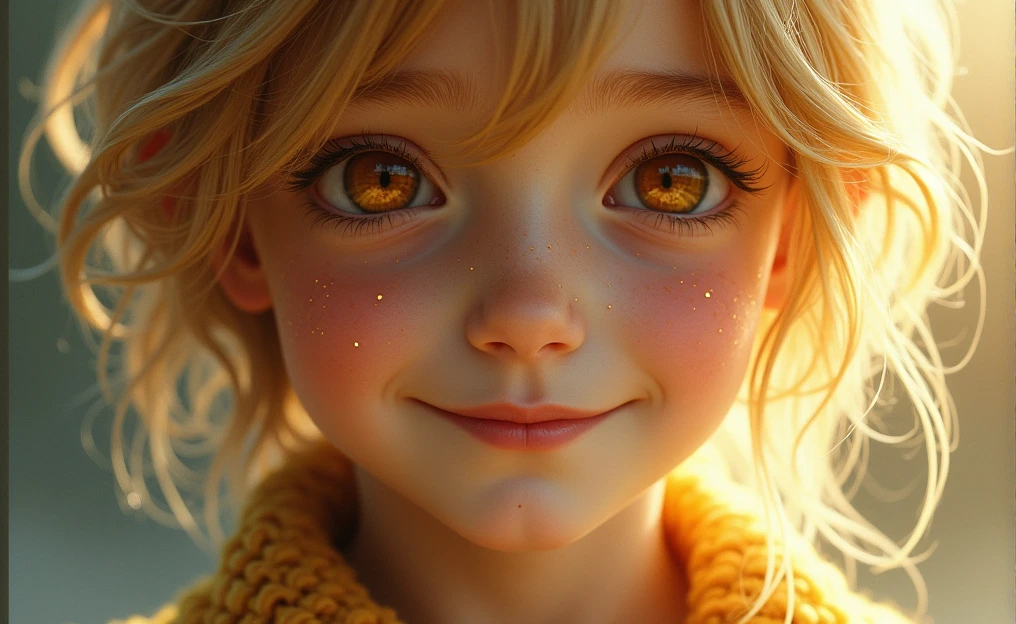 A young boy with pale skin, delgado, with freckles on her cheeks, amber fox eyes, golden hair and a kind smile