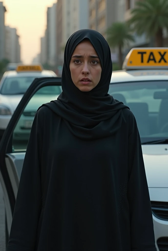 Muslim school teacher in abaya standing near in the taxi with panic face