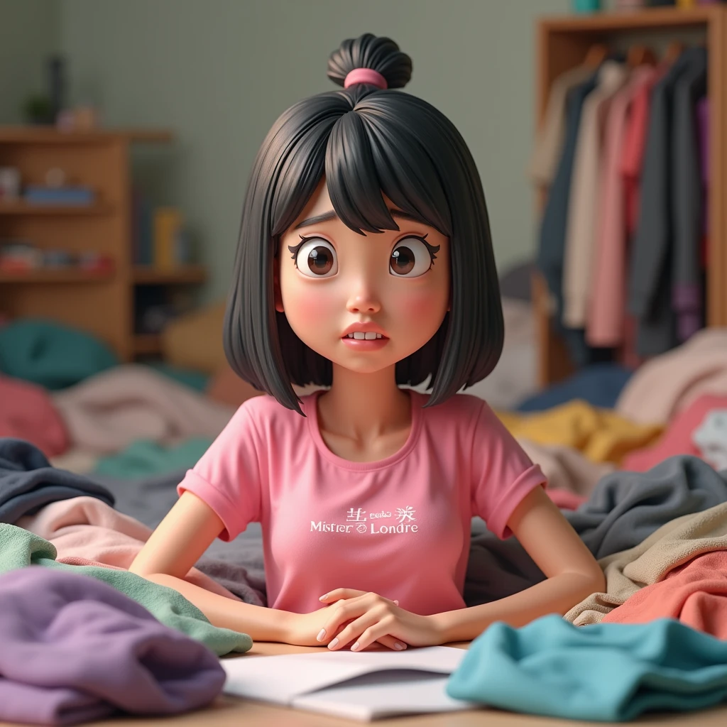 3D cartoon, HD, a Chinese woman as a studen , wearing a pink shirt with text logo MISTER LONDRE no image just text , background bedroom , was in the middle of a pile of dirty clothes with an annoyed and tired face