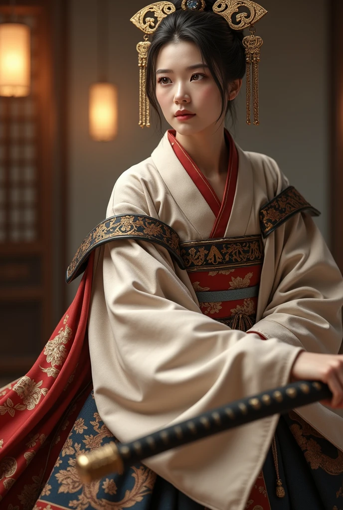 (8K, highest quality, masterpiece:1.2), (realistic:1.4), Raw photo, highest quality, ultra high resolution, best shadow, (full body:1), historical heroine, cleavage, Swordmaster, kabuki, (samurai sword), large scale amazing environment, horror, dark horror, highly detailed facial features, beautiful and perfect face, perfect eyes, perfect fingers,