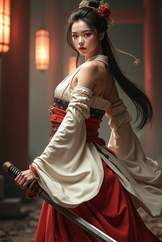 (8K, highest quality, masterpiece:1.2), (realistic:1.4), Raw photo, highest quality, ultra high resolution, best shadow, (full body:1), historical heroine, cleavage, Swordmaster, kabuki, (samurai sword), large scale amazing environment, horror, dark horror, highly detailed facial features, beautiful and perfect face, perfect eyes, perfect fingers,