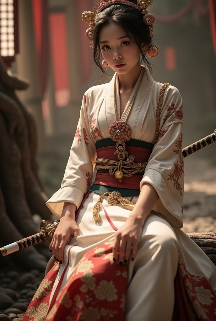(8K, highest quality, masterpiece:1.2), (realistic:1.4), Raw photo, highest quality, ultra high resolution, best shadow, (full body:1), historical heroine, cleavage, Swordmaster, kabuki, (samurai sword), large scale amazing environment, horror, dark horror, highly detailed facial features, beautiful and perfect face, perfect eyes, perfect fingers,