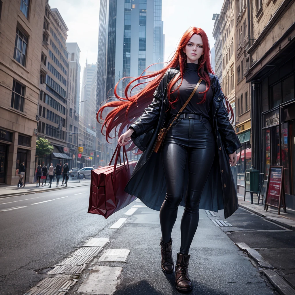 a tall intimidating redheaded woman with long straight hair walking on the street, using a cell phone, carrying a bag, (best quality,8k,highres,masterpiece:1.2),ultra-detailed,(realistic,photorealistic,photo-realistic:1.37),highly detailed facial features, cinematic lighting, moody atmosphere, dramatic pose, 8k, photorealistic, female portrait, street scene, urban environment