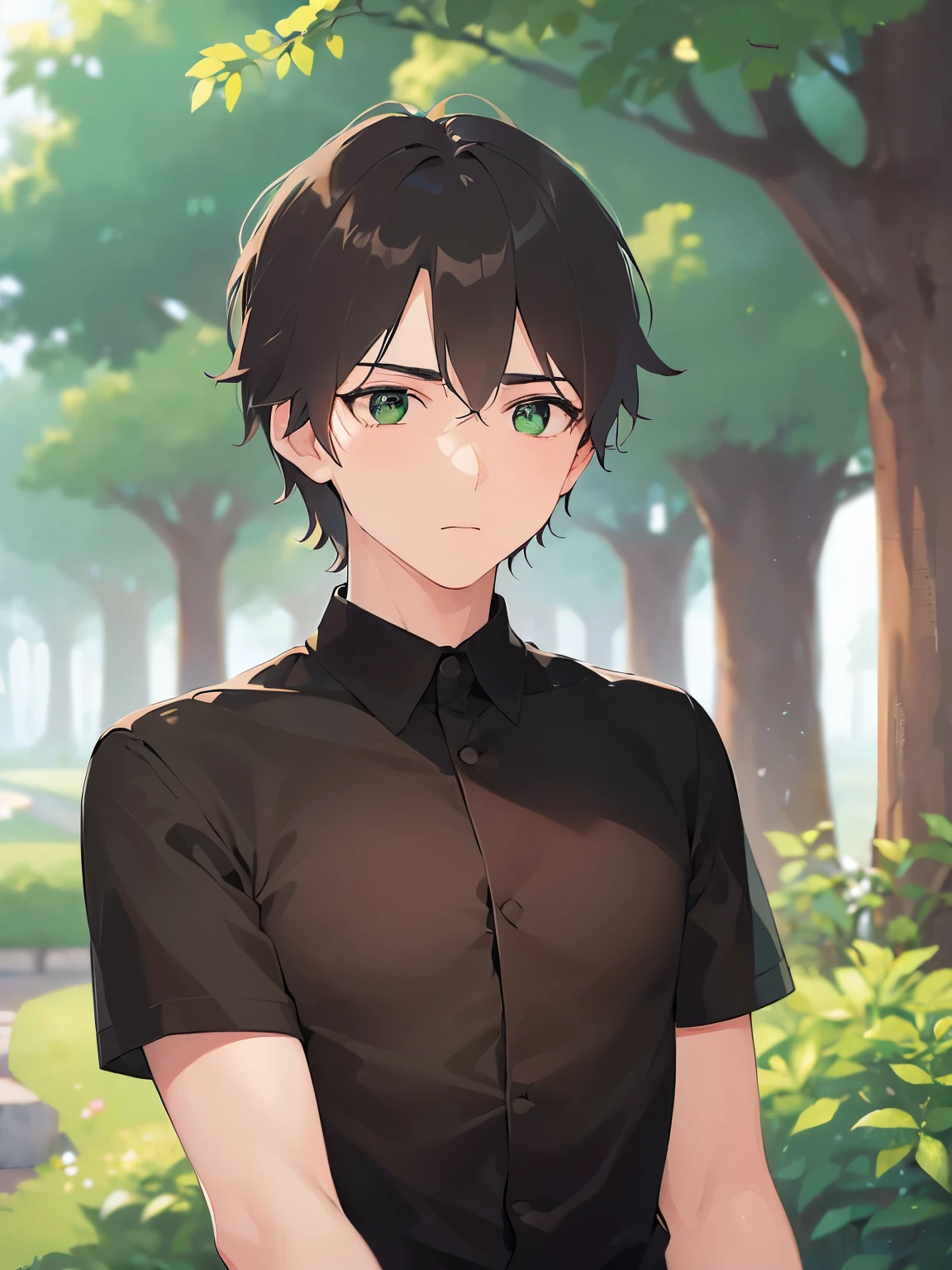 (looking away:1.5),upper body、
shiny skin, masterpiece、Highest quality、
(25-year-old male:1.5) and (Brown short hair) and (Green Eyes), 
(black shirt:1.5) 
downcast,park,(alone:1.5)