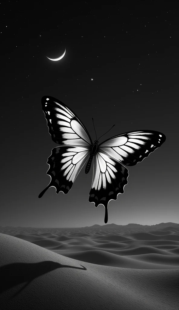 a black and white striped Butterfly in the desert, it is night and the sky is bright with stars, you can see the moon in the starry sky.