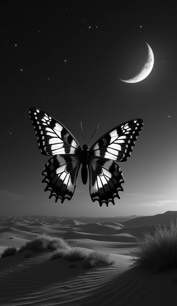 a black and white striped Butterfly in the desert, it is night and the sky is bright with stars, you can see the moon in the starry sky.
