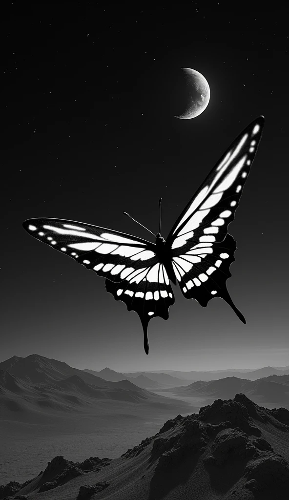 a black and white striped Butterfly in the desert, it is night and the sky is bright with stars, you can see the moon in the starry sky.