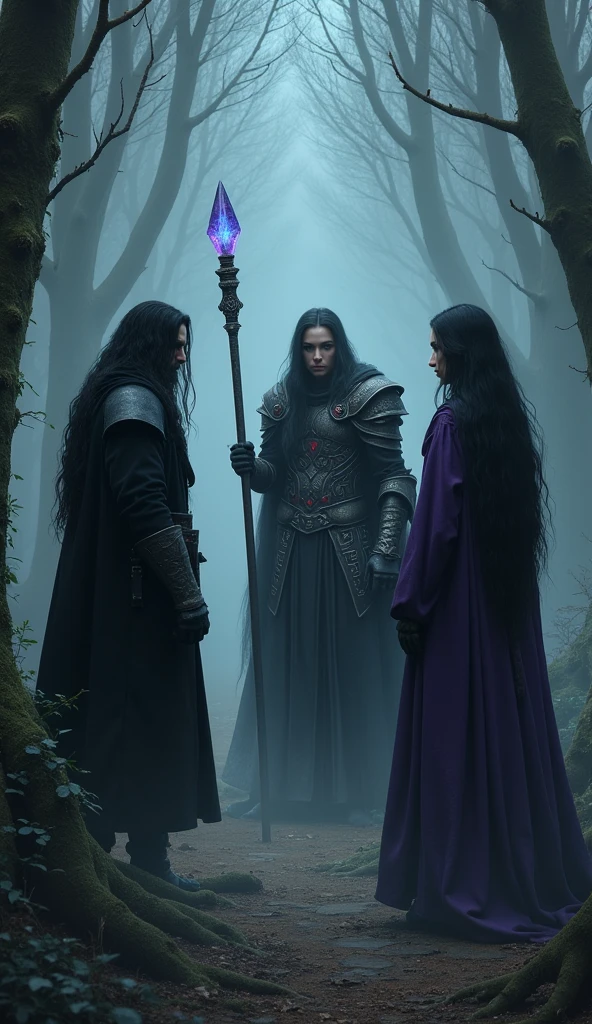 In a mysterious forest shrouded in mist、Depicts the scene where Vortex and Varys meet a young shaman woman.。Vortex is a warrior with long black hair and a black coat.、Holding a dark sword。Varys is a long-haired knight in black Gothic-style armor adorned with blood-red jewels.、He carries a large sword on his shoulder.。Shamans have long hair and purple robes.、Holding a staff decorated with ancient symbols、There&#39;s a sparkling crystal on the tip。Her eyes exude a hidden power.、The surrounding forest is shrouded in heavy shadow.、wood々A slight flicker of light between、It makes you feel like there is another world watching over this fateful encounter.。