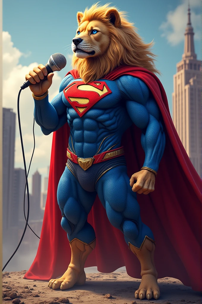 Human robot look like dog and lion mic wearing super man suit