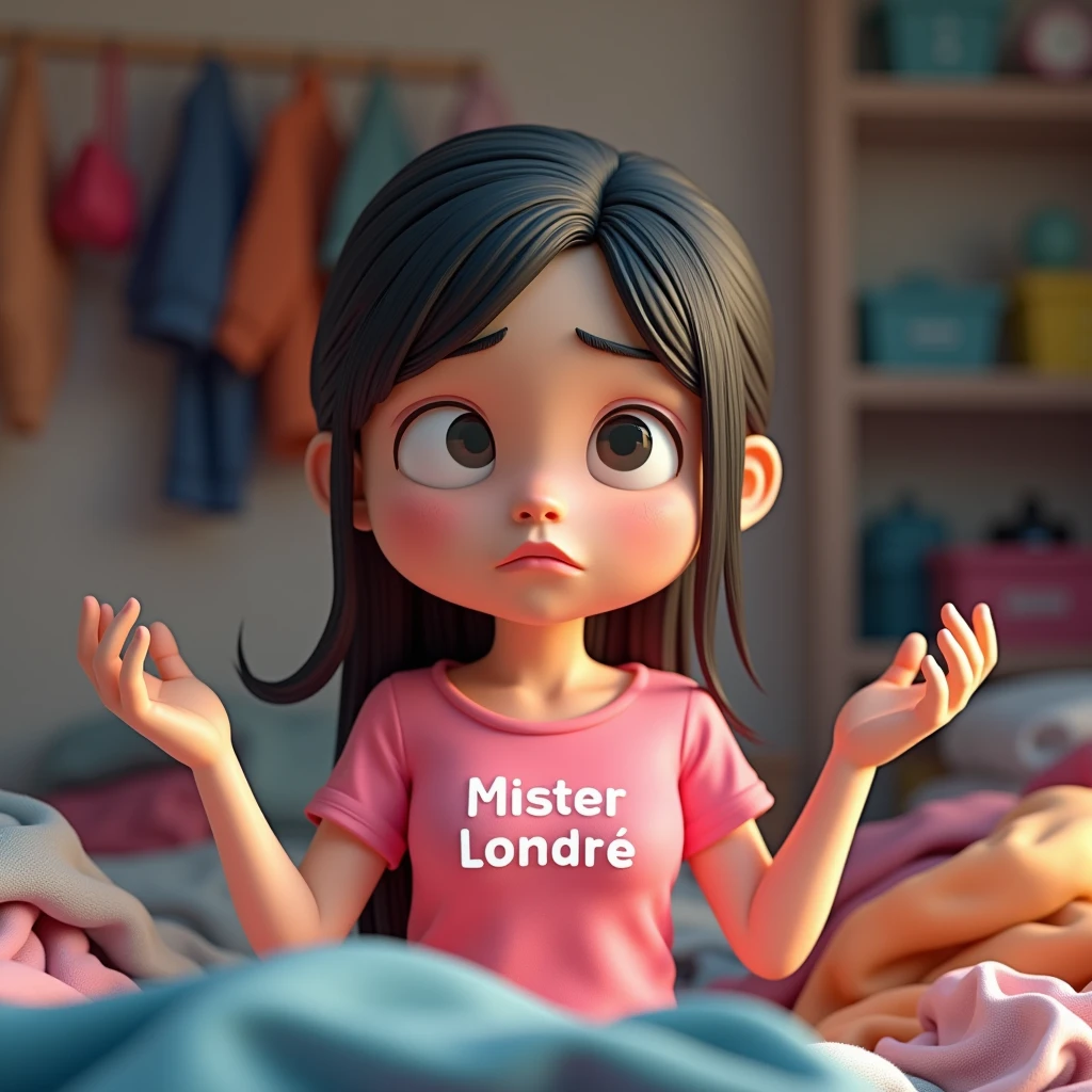 3D cartoon, HD, a Chinese woman as a studen , wearing a pink shirt with text logo MISTER LONDRE no image just text , background bedroom , was in the middle of a pile of dirty clothes with an annoyed and tired face