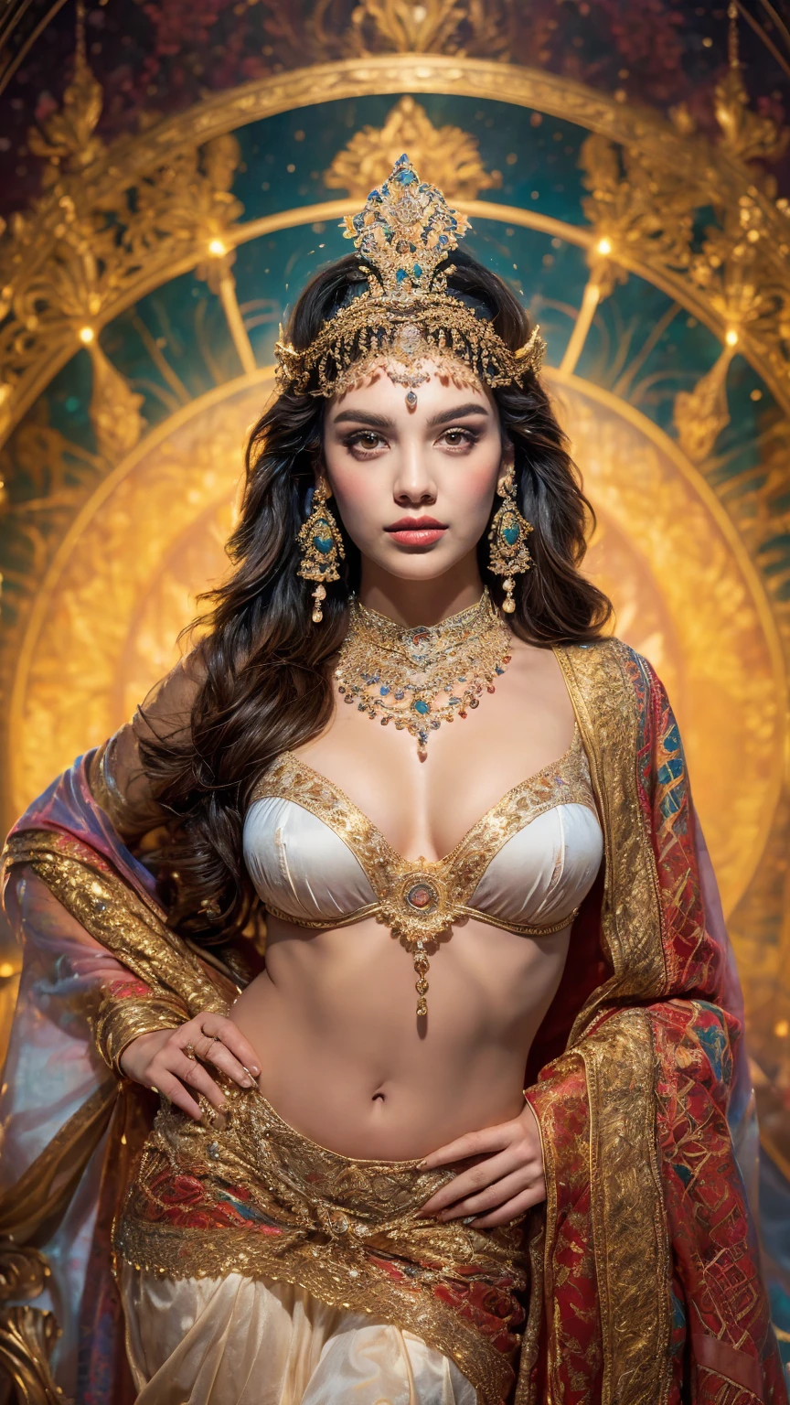 ((Best quality, 8k, Masterpiece :1.3)), Sharp focus :1.2, Generate a realistic image of a beautiful sexy Indian woman plus size body: 8.5 (masterpiece like a princess) (body like divine girl) dressed divine clothes white skirt and print bra, adorned with traditional ornaments, standing in a well-lit room with cinematic lighting. ((Front view, random elegant pose)), and there is a sense of grace and elegance in her posture. The background should complement the scene, enhancing the overall aesthetic appeal of the image. Photography by Brandon Woelfel, Full shot: Canon EF 16-35mm f/2.8L III USM lens on a Canon EOS 9D Mark IV camera 128bit, ultra realistic, 32k, HD