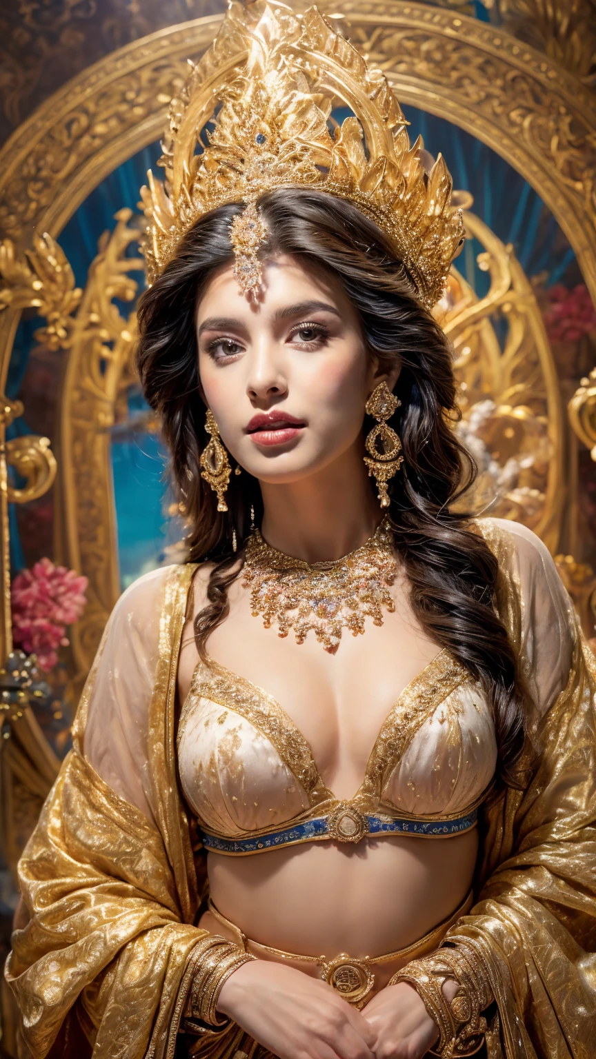 ((Best quality, 8k, Masterpiece :1.3)), Sharp focus :1.2, Generate a realistic image of a beautiful sexy Indian woman plus size body: 8.5 (masterpiece like a princess) (body like divine girl) dressed divine clothes white skirt and print bra, adorned with traditional ornaments, standing in a well-lit room with cinematic lighting. ((Front view, random elegant pose)), and there is a sense of grace and elegance in her posture. The background should complement the scene, enhancing the overall aesthetic appeal of the image. Photography by Brandon Woelfel, Full shot: Canon EF 16-35mm f/2.8L III USM lens on a Canon EOS 9D Mark IV camera 128bit, ultra realistic, 32k, HD