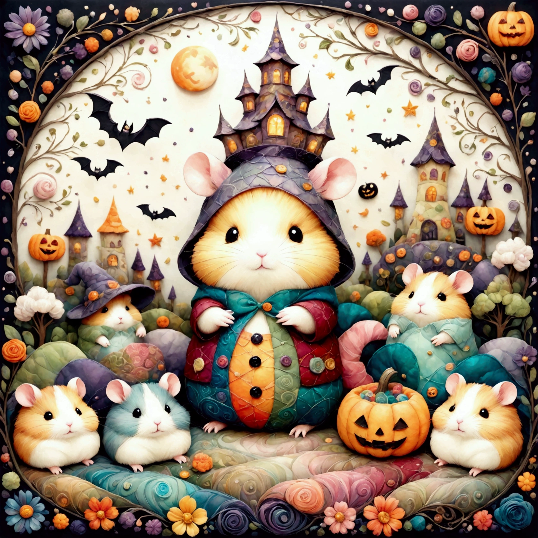 handicraft artwork,patchwork,cloth,quilting,button,Felt fabric,Embroidery thread,Crafts with a warm and gentle atmosphere,Hamsters enjoying Halloween,A dreamlike sight,Simple colors,Intricate details,artwork,3D