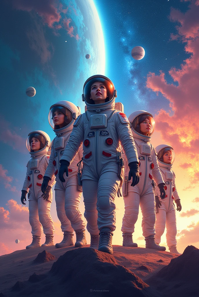 duas ******s , 6 e 9 anos em uma viagem pelo sistema solar, Various poses and expressions , children's book ilustration style, simples, fofa, cores, cabelo castanho claro longo, wearing white astronaut jumpsuits and helmets with white boots, Julia without glasses, Sophia with glasses.