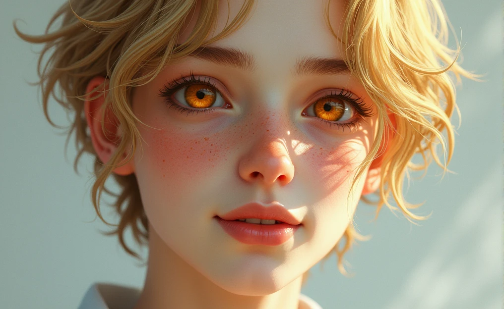 A young man with a pale complexion, delgado, with freckles on her cheeks, amber fox eyes, golden hair and a kind smile