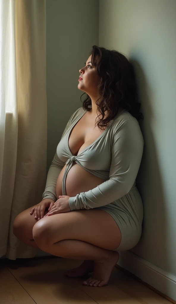 low camera angle, Photograph taken from front of subject. 35 year old woman, Tall and overweight, large breasts, wide hips, thick thighs, wearing a long sleeved dress, no panties and exposed vagina, Leaning back against wall, in a squatting pose, nsfw uncovered vagina, detailed close up view of vagina, detailed labia, clitoris, nsfw upskirt view, nsfw, Calm neutral tones, Soft natural lighting, 