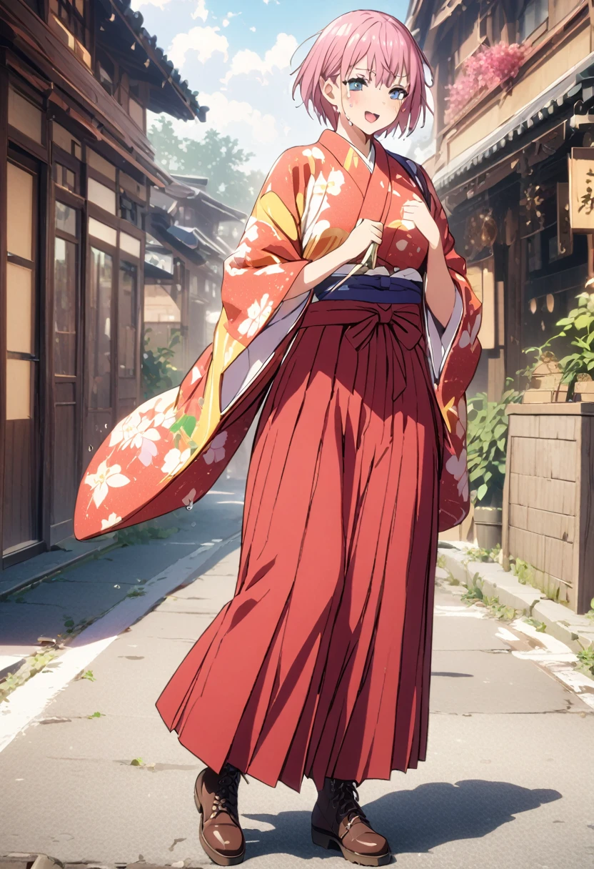 (Highest quality, 4K, 8k, High resolution, masterpiece:1.2), Very detailed, Picturesque, Animated Photography, Photo Animation:1.37)、Japanese schoolgirl、(Pink Hair)、(short hair)、stnding、meiji schoolgirl uniform, hakama, hakama skirt, japanese clothes, kimono, cross-laced footwear, lace-up boots, floral print、black choker、Ecstasy face、Sweat、Are crying、vapour、trembling、Full body photography、Nakano ichika
