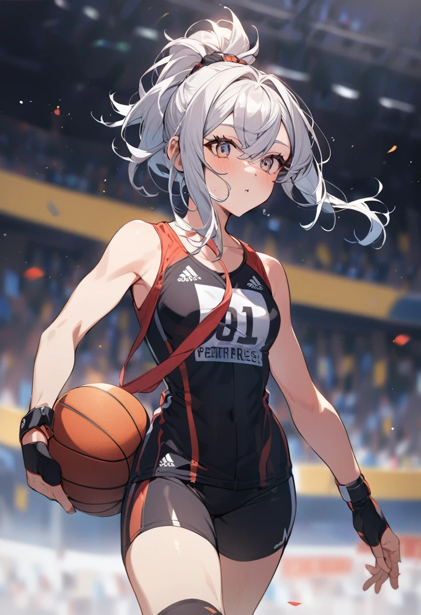 ((obra-prima)), ((melhor qualidade)), highres, (kei1), 1girl, solo, (olhos azuis), (cabelo longo), (adolescente de 15 anos), (usa um uniforme de futebol venezuelano que se chama Vino tinto) , (fita), (franja), (collar bone), (cabelo grisalho), (faixa de cabelo preta), neck ribbon, (cabelo entre os olhos), (middle breasts), tiro de cowboy, sorriso, (corpo inteiro completo detalhado), (She's on a sports court), (corpo anatomicamente correto sem erros), (escenario completo detalhado)