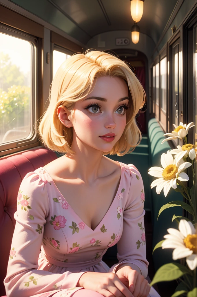 A beautiful blonde girl in a chic floral gown, sitting amidst a variety of fresh flowers in a retro pink train carriage. The sunlight streams in, illuminating the scene and creating a whimsical and enchanting vibe. The image is detailed and vibrant, with a photorealistic quality, inspired by the look of Kodak Portra 800 film, capturing an 8k level of detail.