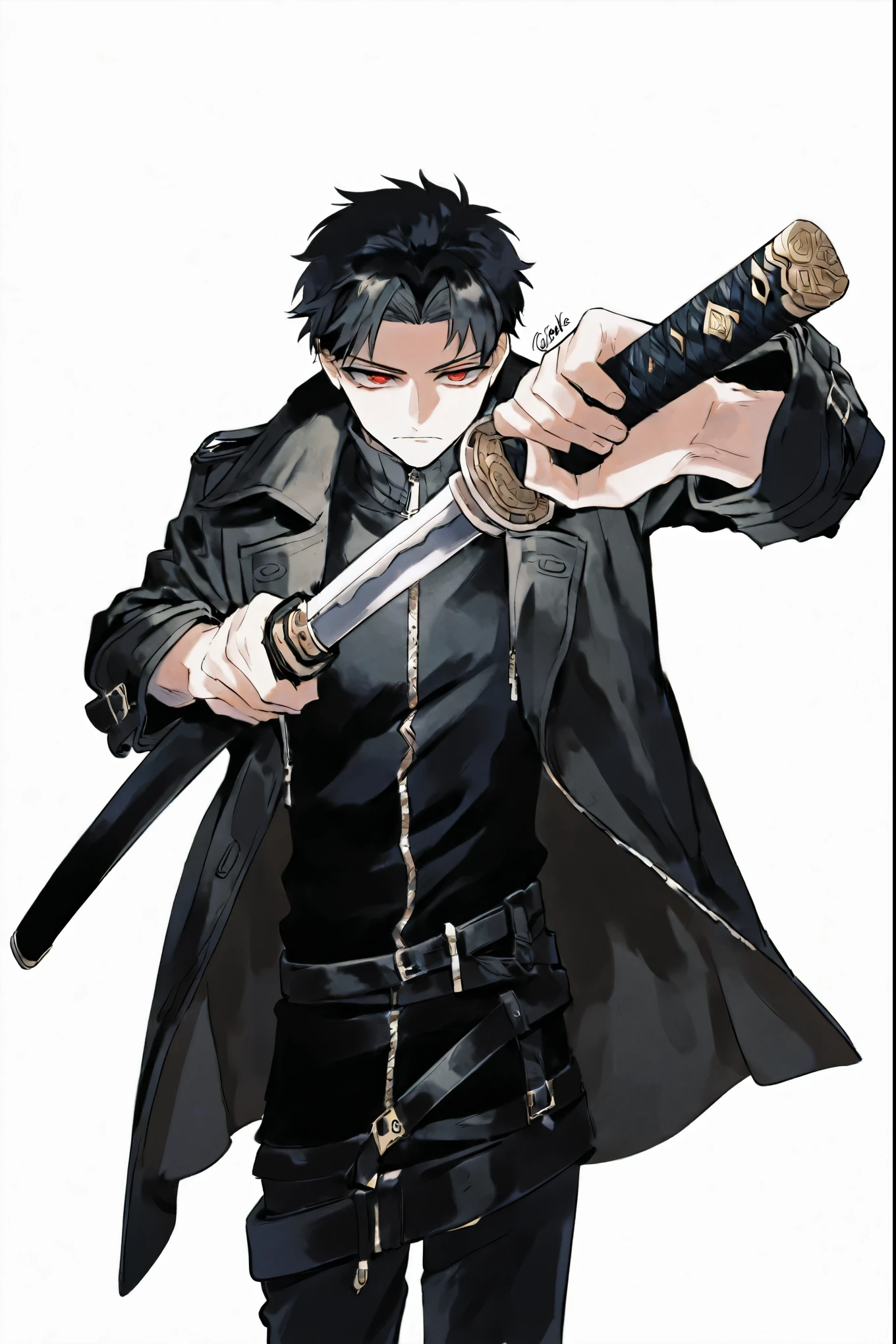 a man wearing black trench coat, red eyes and black hair, black turtle neck shirt with zipper, black pants, IncrsUnsheathingAKatanaMeme sheath, holding sheath