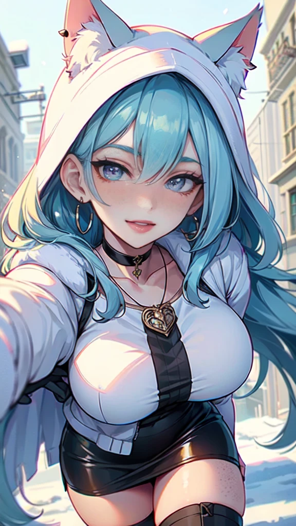 Masterpiece, beautiful art, professional artist, 8k, art style by sciamano240, very detailed face, very detailed hair, very detailed clothes, 1girl, perfectly drawn body, beautiful face, long hair, light blue hair , very detailed blue vertical cat eyes, square glasses, pouty lips , rosey cheeks, intricate details in eyes, extreme close up of face, see only head and neck, staring directly at viewer, wearing cute winter clothes, winter coat, necklace, choker, earrings, gloves, pencil skirt, black tigh boots, some freckles, big wide grin, in love with the viewer expression, sunny winter setting, walking outside,