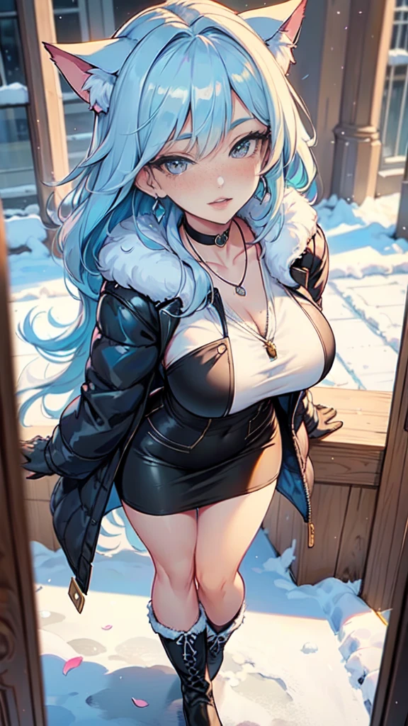 Masterpiece, beautiful art, professional artist, 8k, art style by sciamano240, very detailed face, very detailed hair, very detailed clothes, 1girl, perfectly drawn body, beautiful face, long hair, light blue hair , very detailed blue vertical cat eyes, square glasses, pouty lips , rosey cheeks, intricate details in eyes, extreme close up of face, see only head and neck, staring directly at viewer, wearing cute winter clothes, winter coat, necklace, choker, earrings, gloves, pencil skirt, black tigh boots, some freckles, big wide grin, in love with the viewer expression, sunny winter setting, walking outside,