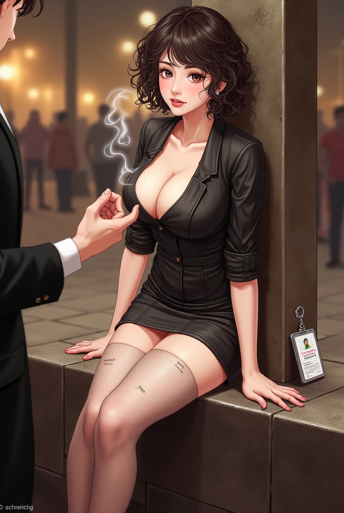 /quality (masterpiece,best quality,high resolution,High Quality,Realistic) /hair style (Curly Hair) /Clothes (pencil skirt,job interview suit,Black jacket,torn pantyhose:1.5,earring) /Pose Bend over,sit lean against a wall, legs spread:1.5 (Ahegao,orgasm,steam:1.5,swet:1.5), /Other crowd:1.5,fair skin,foot focus,lean against a wall,men,s hand:1.5,night, Roadside,ID card,