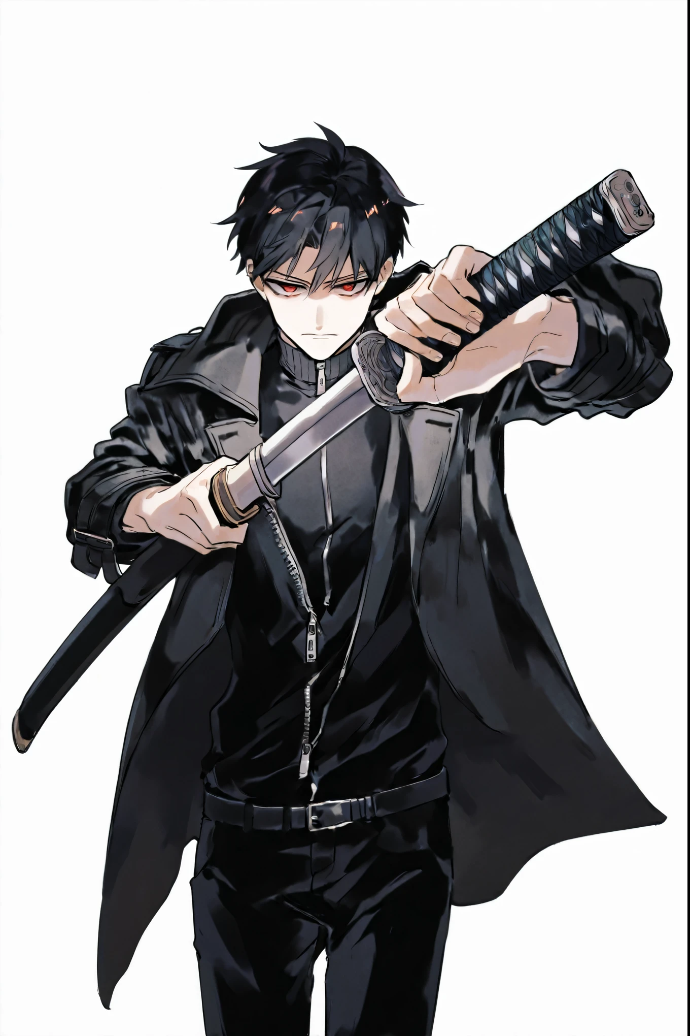 a man wearing black trench coat, red eyes and black hair, black turtle neck shirt with zipper, black pants, IncrsUnsheathingAKatanaMeme sheath, holding sheath