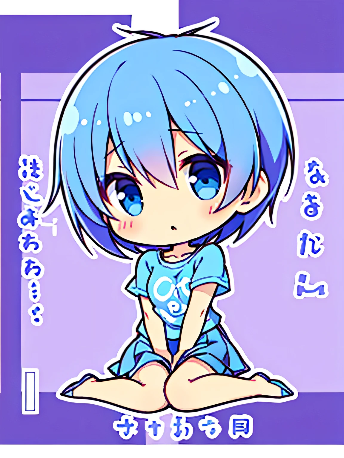 fullbody, seiza,solo,blue pixie short cut,Worried expression、Have a big key、pastel blue t-shirts,mini skirt,