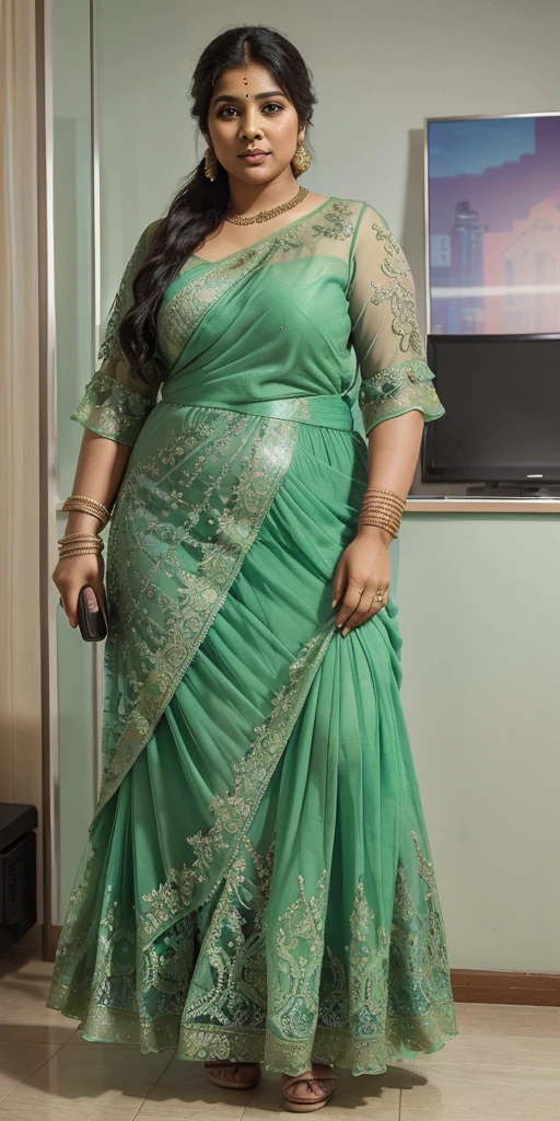Day scene, A radiant, full-figured South Indian 35 year old aunty a green colour chiffon gown ,standing, in a office captured in a full-body image with vibrant hues and meticulous details. Full body image