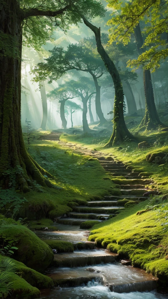Ancient forest, It is expressed with very delicate and high-quality digital painting technology., Reach 8K resolution. This work、With its sharp focus、It&#39;s getting a lot of attention on the ArtStation website.。, Rich changes in light, Highly complex and detailed central structure. Works inspired by artists such as Lois van Baarle (Reusch), Ilya Kuvshinov, Studio Ghibli, The style of the website、The soft, watercolor-like colors capture the chibi-kawaii aesthetic.。.