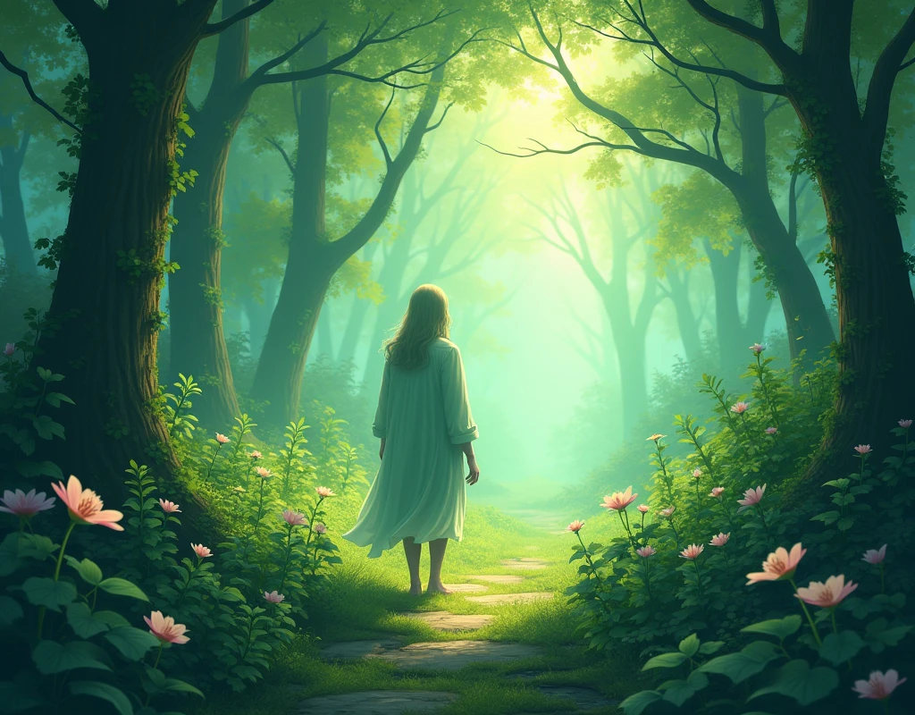 Aetherial Forest Escape: Dreamy, Uplifting, Pastel, Emerald Greens, Hidden Paths