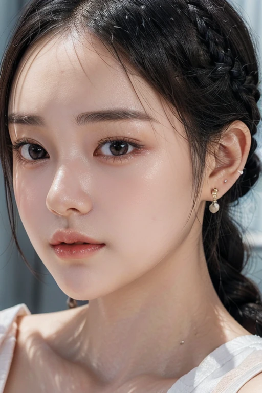 (22 year old Japanese beautiful girl,), (Small breasts:1.5,),(solo,Textured skin, Detailed skin,Detailed face,Detailed eyes,detailed posing,Natural eyebrows,High detail, Highest quality, Super detailed, Surrealism, ,8k,RAW Photos,Photographicism,Professional Lighting,Ray Tracing,Aperture F1.2,Portrait Photography,Natural Light),(((Black Hair, Natural Makeup,Simple earrings,Braided topknot, Close-up,
