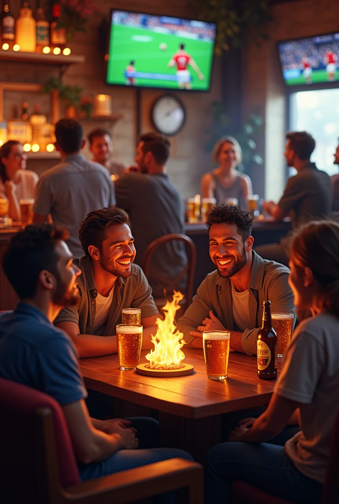 A group of friends having fun around a fire at a sports bar while drinking beer