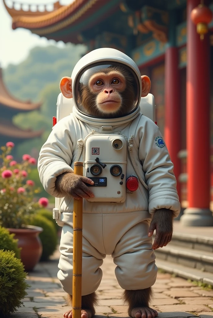 Real monkey wear white astronaut suit .a highly detailed ape wearing a white spacesuit. Holding a bamboo stick. All people shocked, extremely detailed and realistic, photorealistic, cinematic lighting, beautiful intricate background with Chinese emperor palace, stunning vibrant colors, dynamic composition, award winning photograph, 8k, ultra detailed