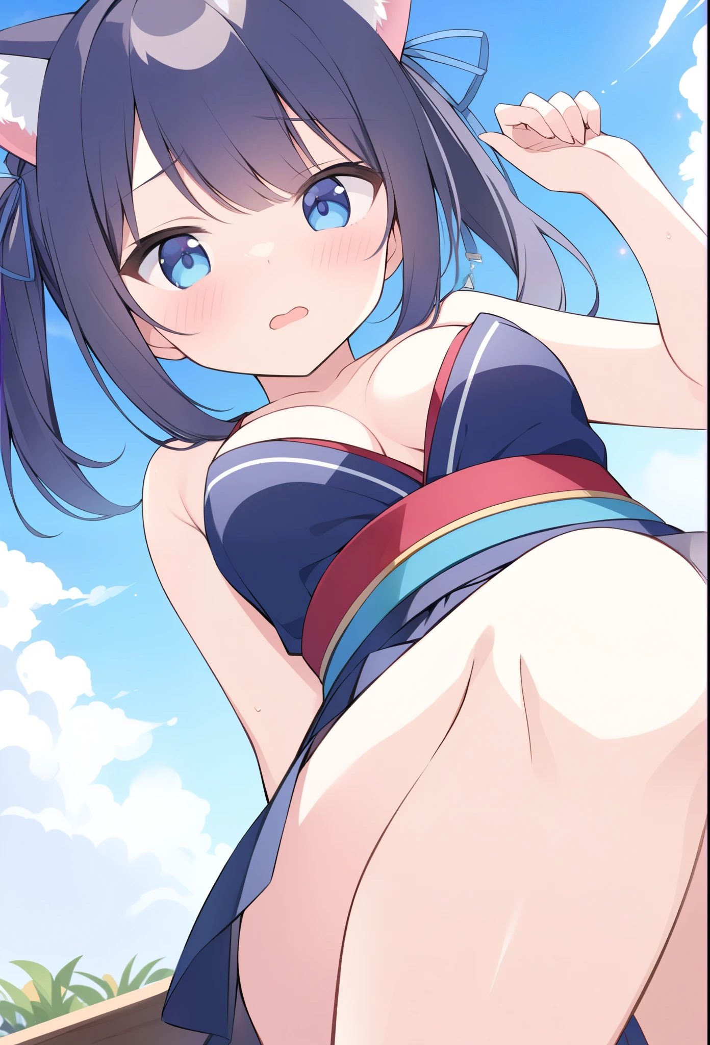 solo, One person, High resolution, chest, Blushing, Cat ear、Sky blue semi-long、Blue ribbons on both sides of the head、Japanese clothing、mini skirt、Beautiful background、Low-angle composition