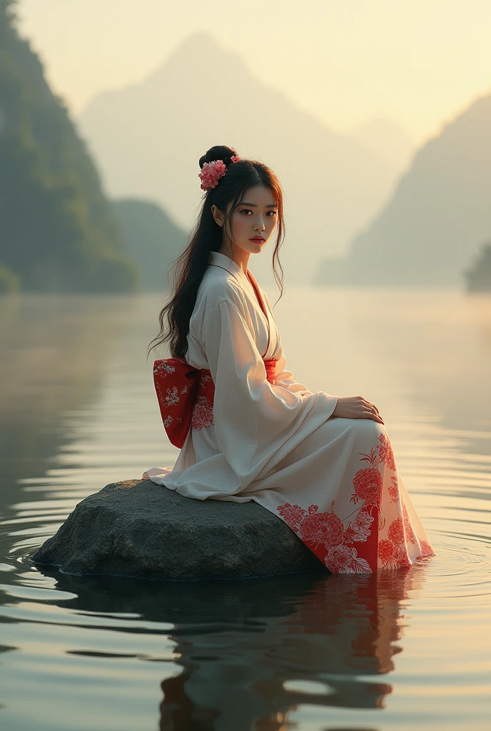 an illustration of an Asian woman in a white kimono decorated with a red pattern with long dark auburn hair and black eyes, she is sitting on a rock in the middle of the water with her feet in the water, she is looking at the camera with a intensity of love, Asian mountainous and foggy landscape background, semi-realistic manga style, it's dawn, created with Unreal Engine 5 for graphics, rendering depth and mist highlighted by Nikon d7500, use of Nvidia graphics performance