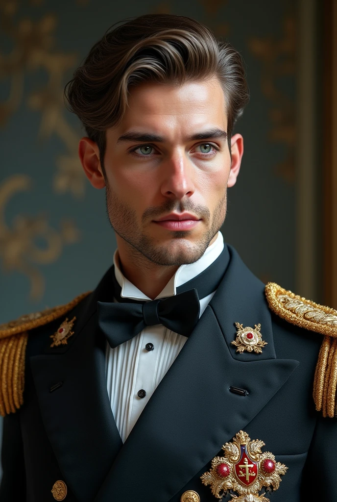 30 year old handsome prince of Monaco, sexy, manly, vigorous a perfectly athletic and muscular body of the Victorian era. With eyes as blue as the sky, big and beautiful eyelashes and skin as white as milk with a perfect face with a kind smile and extremely neat affection and wearing his suit with detailed insignia according to the year 1847 Victorian era.