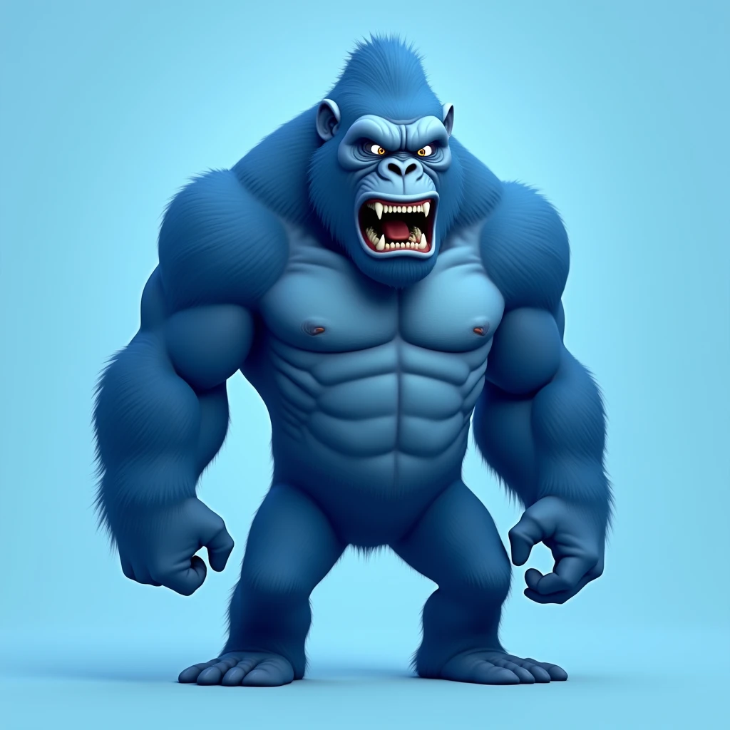 blue gorilla , light blue background , noble , standing , angry , sideways , hairless , anthropomorphic