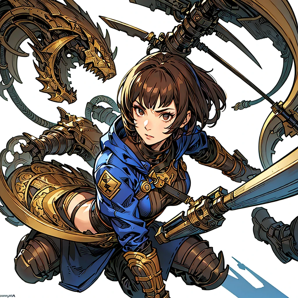 (((white background))), best quality, solo, 1 woman,portrate,ninjya,bangs,looking at viewer,short hair,brown hair,pretty woman,masterpiece, intricate details, tonemapping, sharp focus, hyper detailed, trending on Artstation,