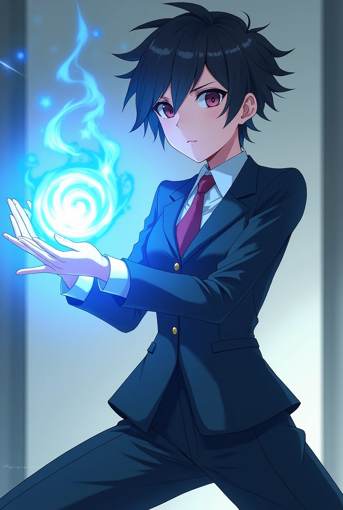 Generate a girl but she is a tomboy and short hair and wear corporate uniform and white face and having a blue aura in their hands and can do martial arts anime