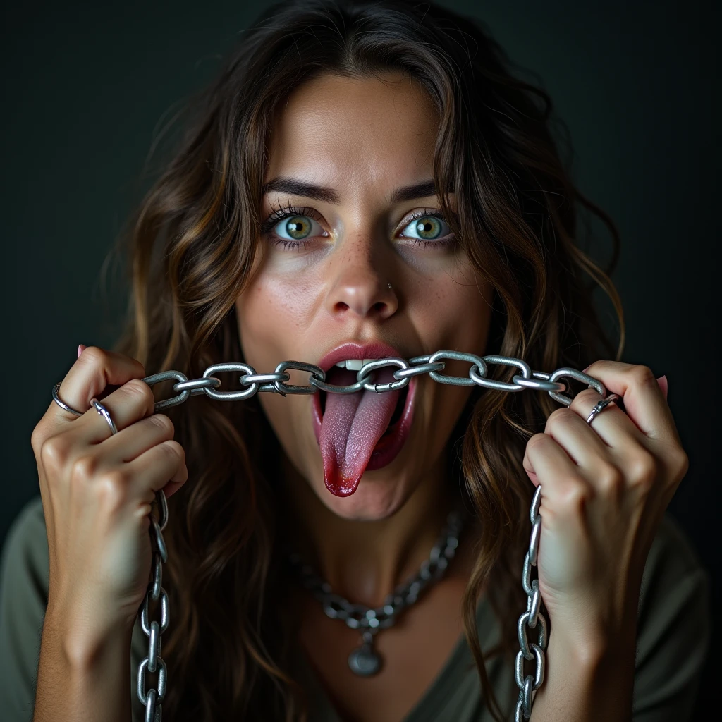 a young woman holding chains licks the chains, jail, tatoo, mouth open, tongue, saliva, crazy, bug eyes, 