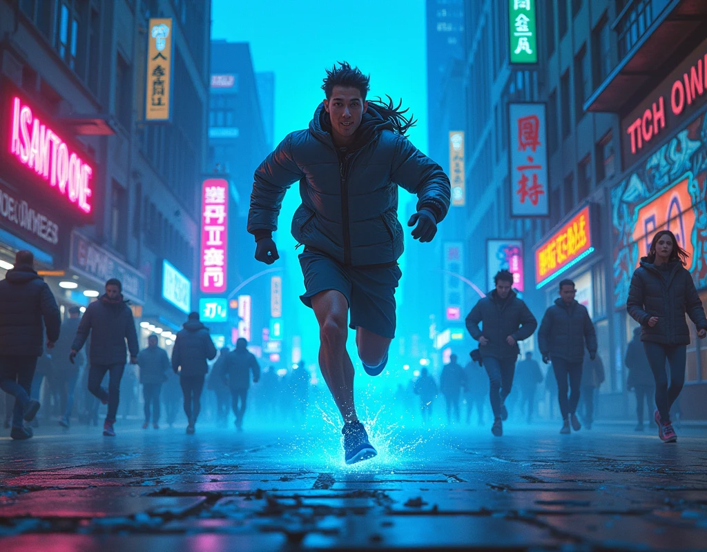 Energetic City Sprint: Dynamic, Empowering, Graffiti, Electric Blue, Urban Rush