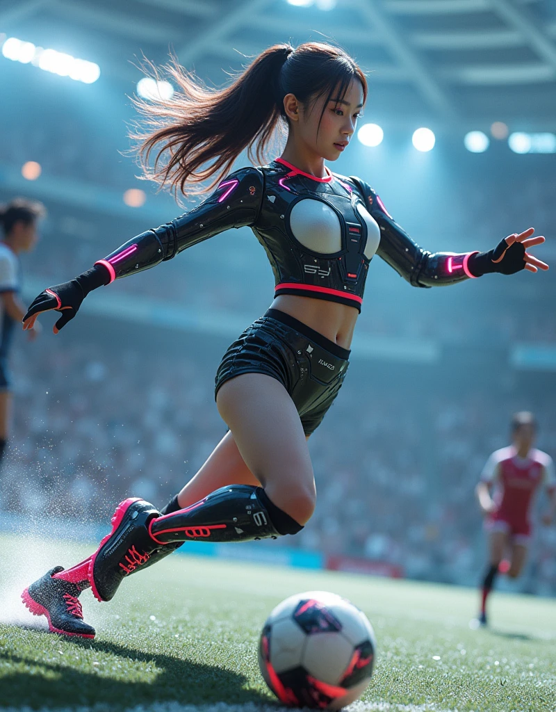 photo-realistic, ultra-realistic, very beautiful Japanese, famous Japanese idol, 20 years old, dramatic scene, masterpiece, beautiful eyes, cyber punk, (wearing cyber punk mecha-suits with neon marker:1.5), (she is playing extremely acrobatic soccer at large stadium:1.5), (fully equipped with futuristic mecha soccer equipment:1.3), amazing view of a lot of spectators, acrobatic pose, dynamic angle, spectacular, Nimble movements, Sharp turns, (very large breasts),