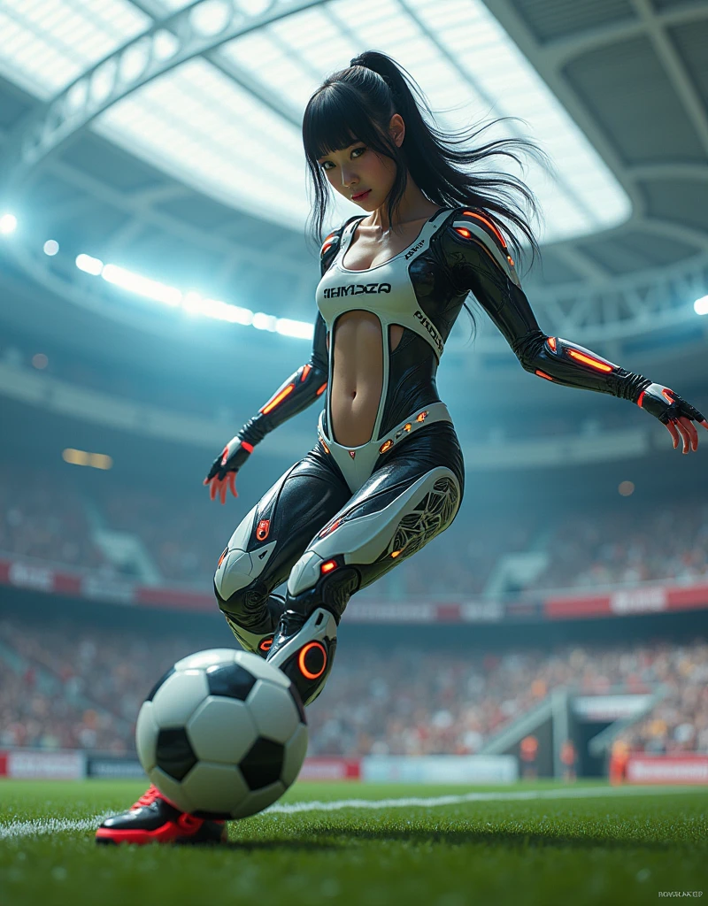photo-realistic, ultra-realistic, very beautiful Japanese, famous Japanese idol, 20 years old, dramatic scene, masterpiece, beautiful eyes, cyber punk, (wearing cyber punk mecha-suits with neon marker:1.5), (she is playing extremely acrobatic soccer at large stadium:1.5), (fully equipped with futuristic mecha soccer equipment:1.3), amazing view of a lot of spectators, acrobatic pose, dynamic angle, spectacular, Nimble movements, Sharp turns, (very large breasts),